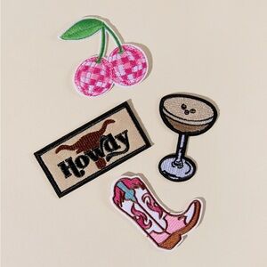 Uncharted Threads Iron on patches, 
Howdy, Boot, Disco Cherries and Cocktail